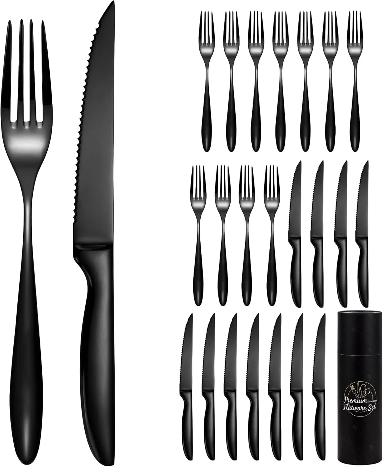 Black Steak Fork Set of 12, Forks and Knives Set, 24-Piece Steak Cutlery Set, Serrated Steak Knives with Forks, Dishwasher Safe