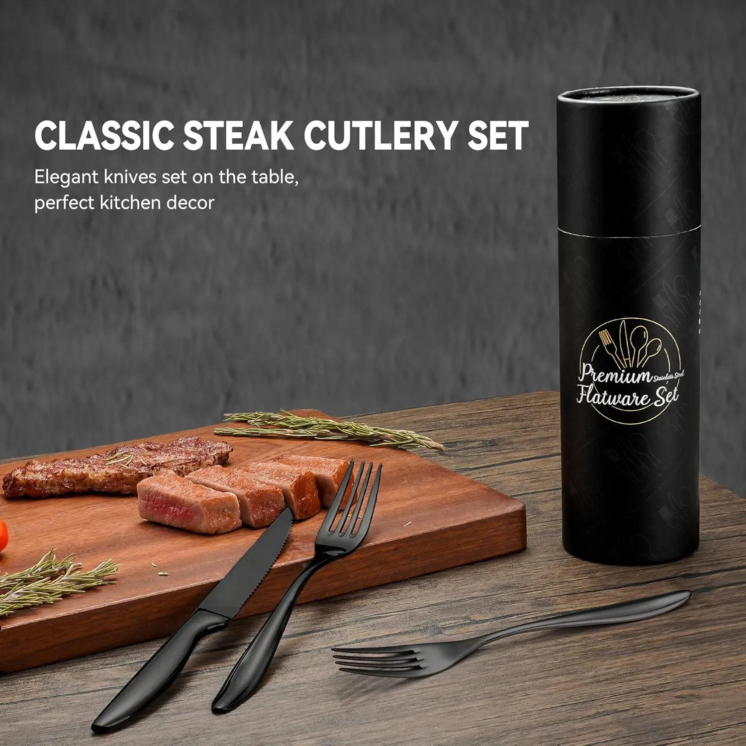Black Steak Fork Set of 12, Forks and Knives Set, 24-Piece Steak Cutlery Set, Serrated Steak Knives with Forks, Dishwasher Safe