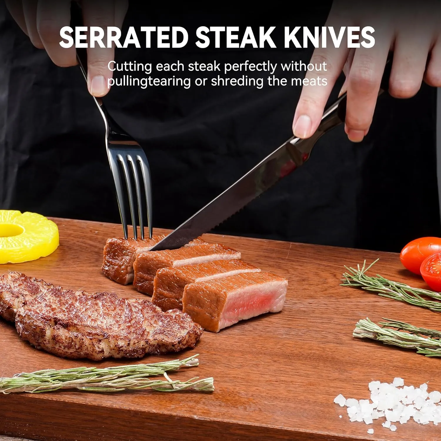 Black Steak Fork Set of 12, Forks and Knives Set, 24-Piece Steak Cutlery Set, Serrated Steak Knives with Forks, Dishwasher Safe