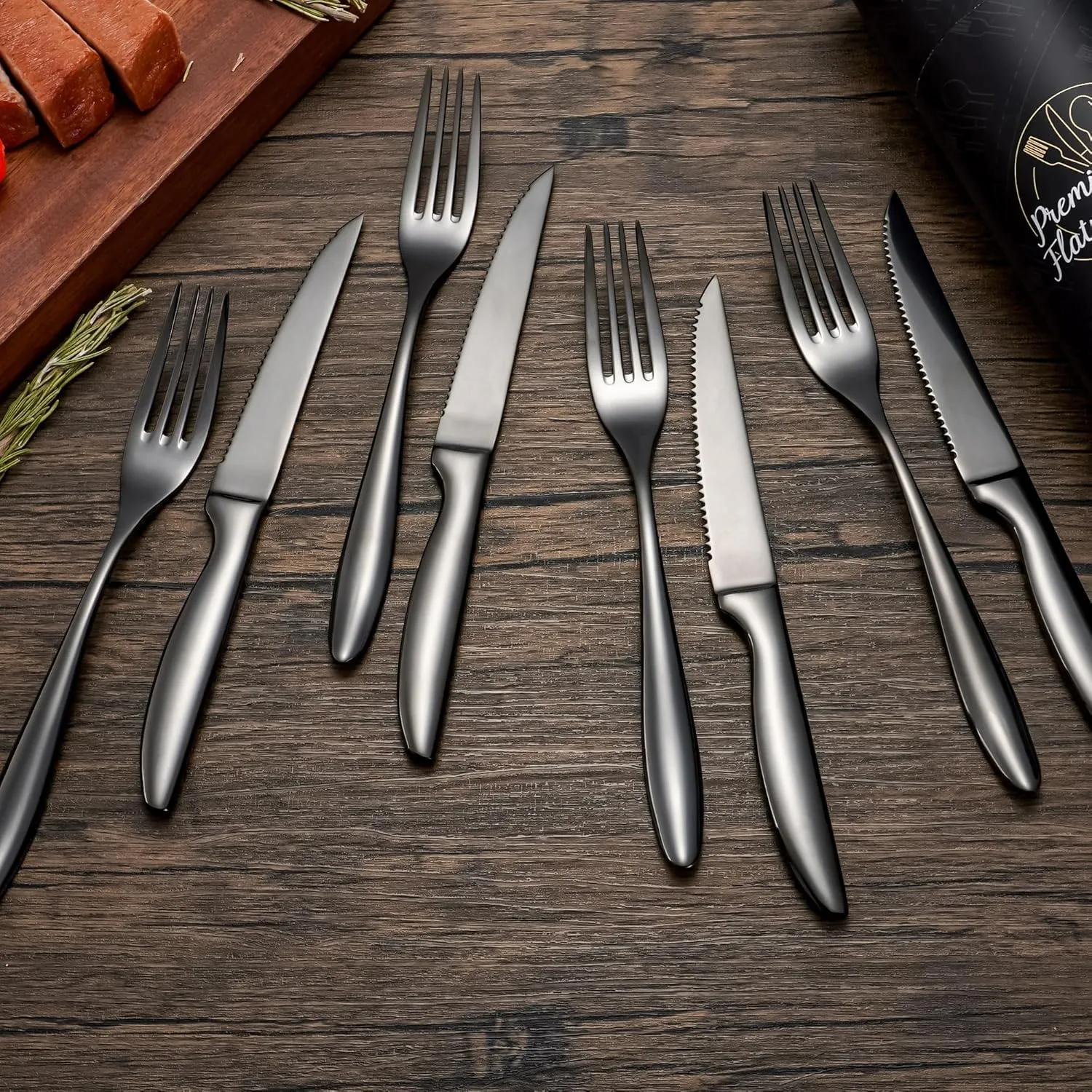 Black Steak Fork Set of 12, Forks and Knives Set, 24-Piece Steak Cutlery Set, Serrated Steak Knives with Forks, Dishwasher Safe