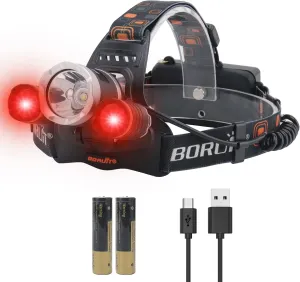 BORUIT RJ-3000 LED Rechargeable Headlamp with Red Light, Super Bright Hunting Head Lamp 3 Modes, Waterproof Head Light for Adult Fishing Camping Headlight Gear