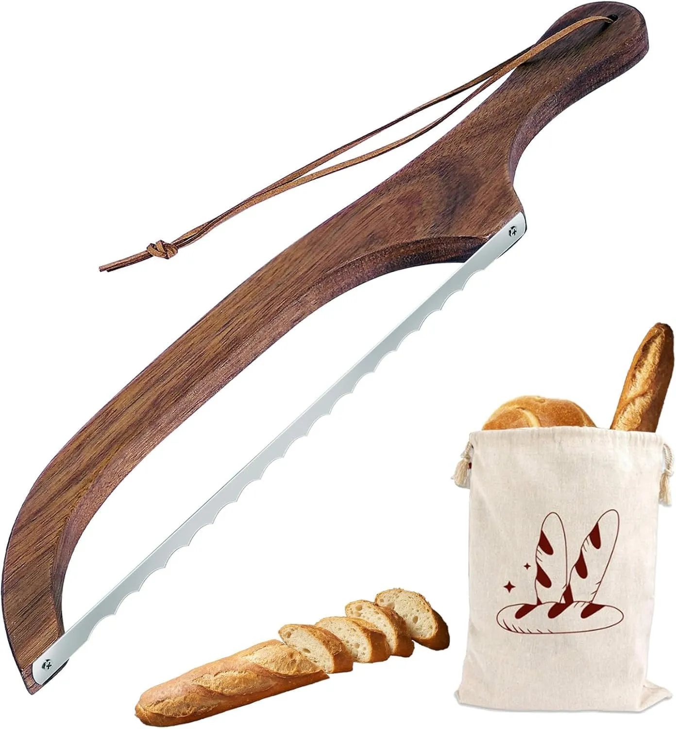 bow bread knife and Bread Linen bag, 16" Wooden Handle bread cutter with Leather Hanging Strap Serrated bread Saw knife for homemade bread sourdough, right handed bread bowl knife, Linen Storage Bag