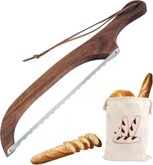 bow bread knife and Bread Linen bag, 16" Wooden Handle bread cutter with Leather Hanging Strap Serrated bread Saw knife for homemade bread sourdough, right handed bread bowl knife, Linen Storage Bag