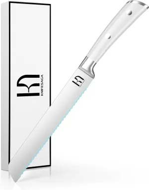 Bread Knife - 8 Inch Japanese Serrated Sourdough Bread Slicing Knife, High Carbon Stainless Steel, Razor Sharp, Ergonomic White Handle