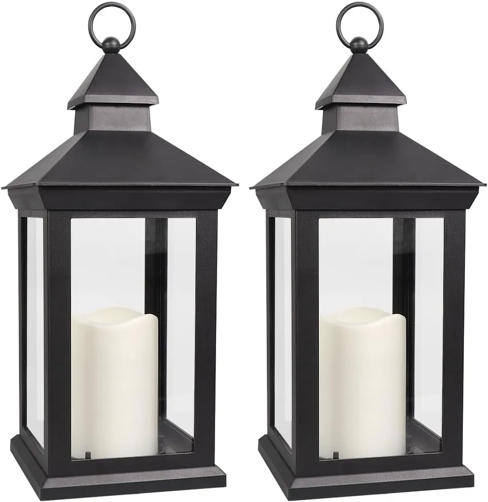 Bright Zeal 2-Pack 14" Candle Lanterns Outdoor Waterproof Decorative Lights with Timer - Cool White Decorative Indoor LED Lanterns Battery Operated