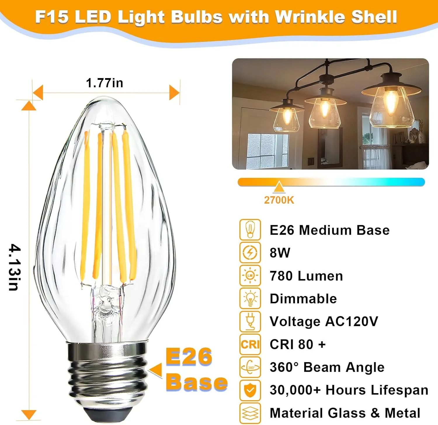 BRIMAX F15 8W Led Porch Light Bulb Outdoor, E26 Medium Base LED Post Bulb for 75W - 80W Incandescent Equivalent,Dimmable 2700K Warm White Flame Wrinkle Glass, for Ceiling Fan and Lantern Lamp, 4 Pack
