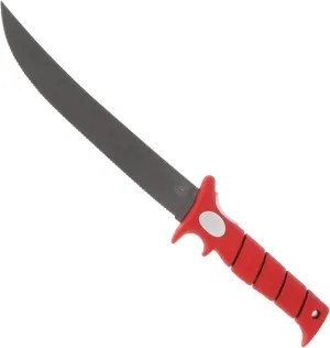 BUBBA 9" Serrated Flex Knife with Non-Slip Grip Handle, Offset Full Tang Stainless Steel Blade, Lanyard Hole and Synthetic Sheath for Fishing