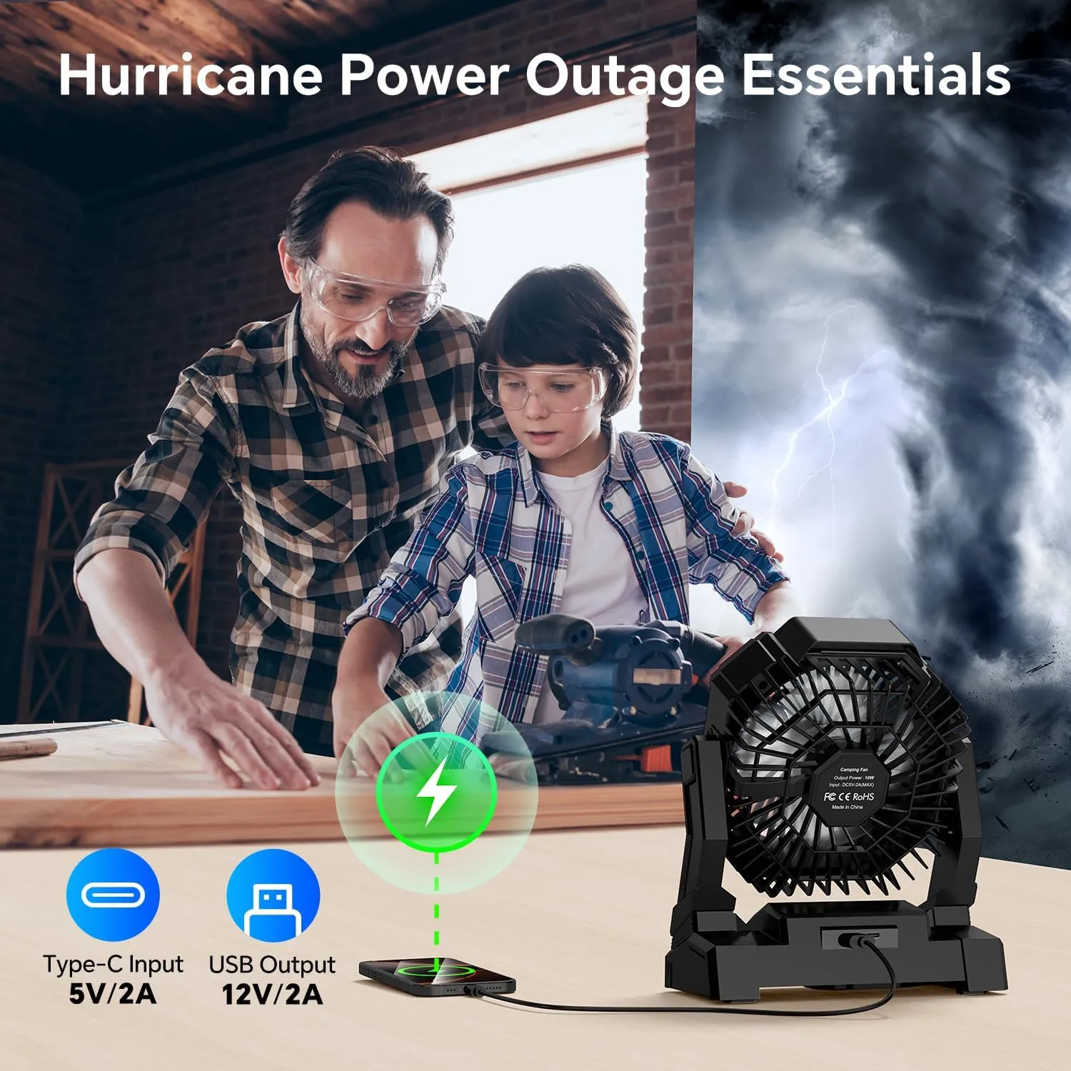 Camping Fan Black with LED Lantern, 30000mAh Rechargeable Battery Operated Fan with 3 Speeds & Digtal, Personal USB Table for Camping Essential ＆ Hurricane-Ready