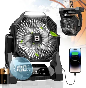 Camping Fan Black with LED Lantern, 30000mAh Rechargeable Battery Operated Fan with 3 Speeds & Digtal, Personal USB Table for Camping Essential ＆ Hurricane-Ready