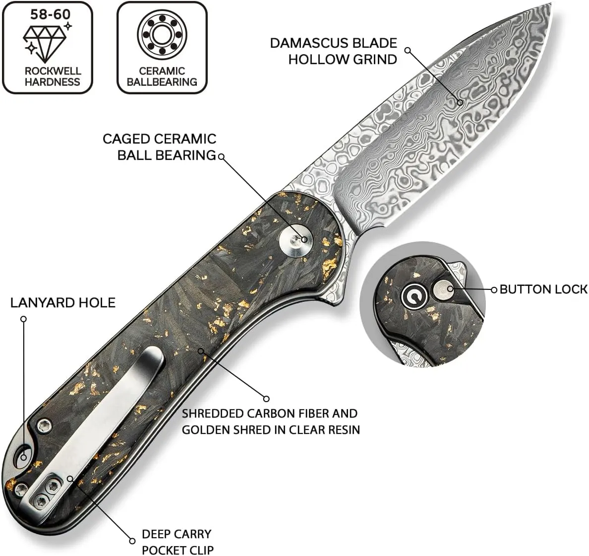 CIVIVI Elementum II Pocket Folding Knife, 2.96" Damascus Blade Knife with Deep Carry Pocket Clip for EDC Camping Hiking Hunting C18062P-10