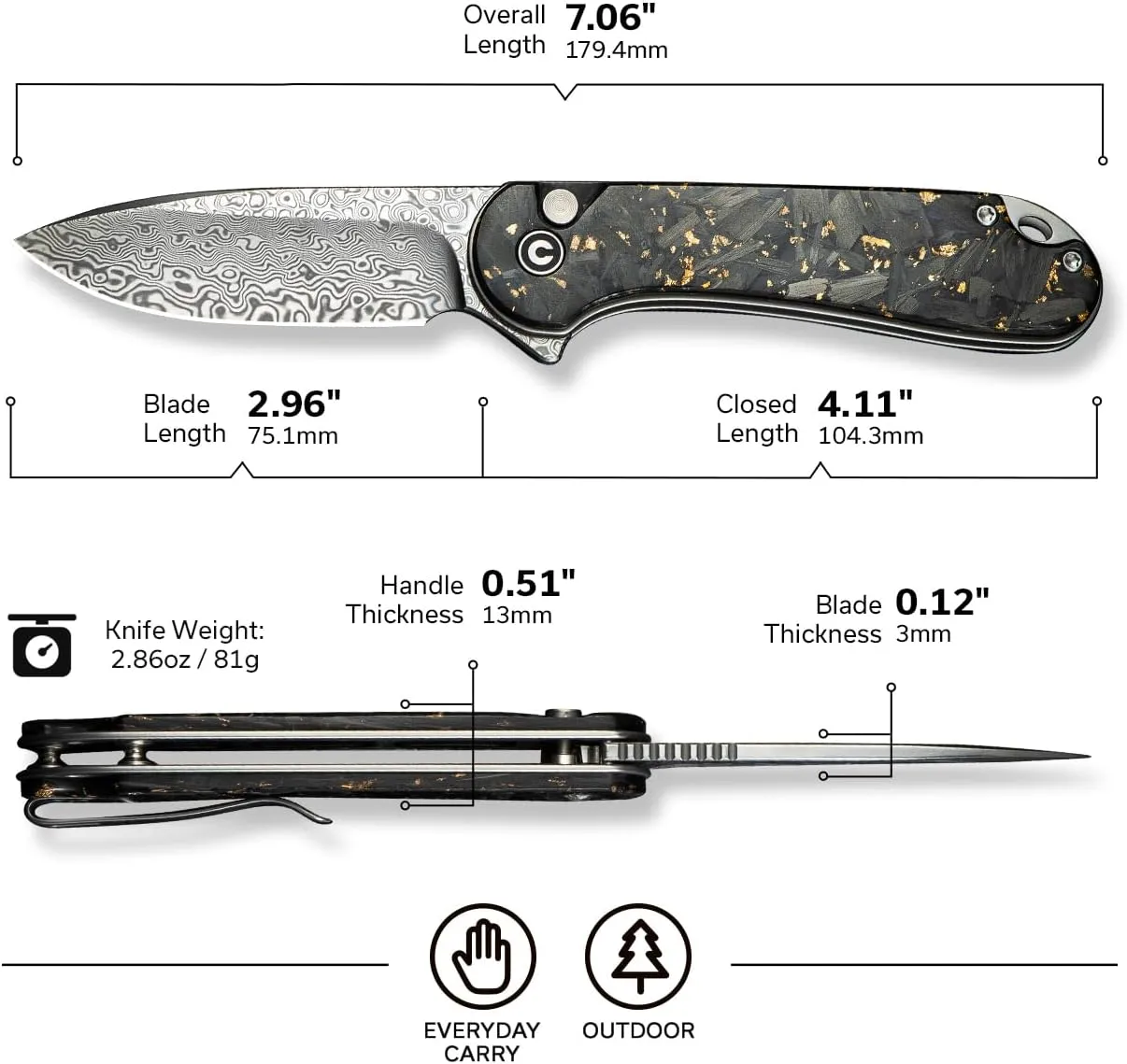 CIVIVI Elementum II Pocket Folding Knife, 2.96" Damascus Blade Knife with Deep Carry Pocket Clip for EDC Camping Hiking Hunting C18062P-10