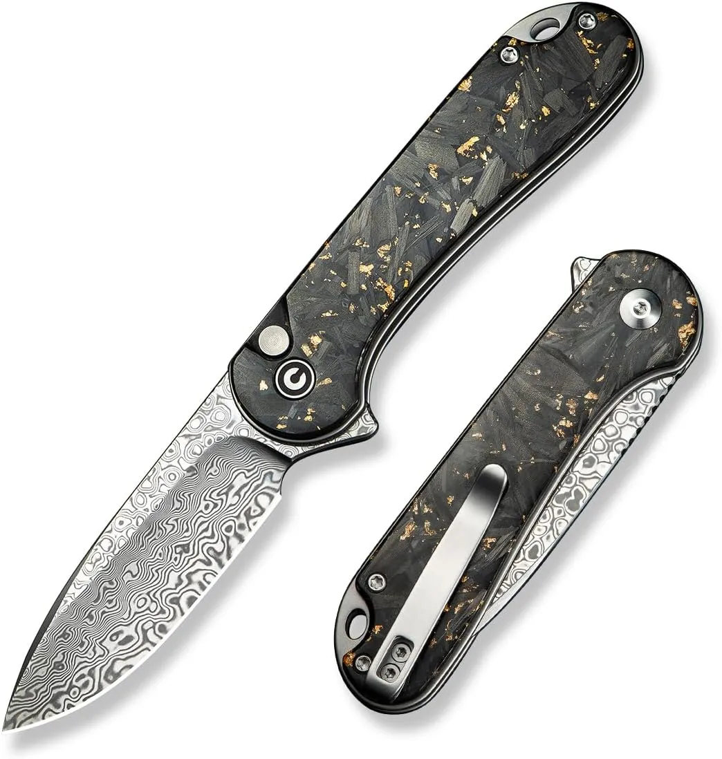 CIVIVI Elementum II Pocket Folding Knife, 2.96" Damascus Blade Knife with Deep Carry Pocket Clip for EDC Camping Hiking Hunting C18062P-10