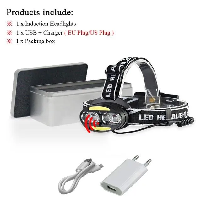 COB headamp usb headlight dual light source ir sensor headlamp XML t6 18650 battery lamp headtorch camping waterproof linterna
