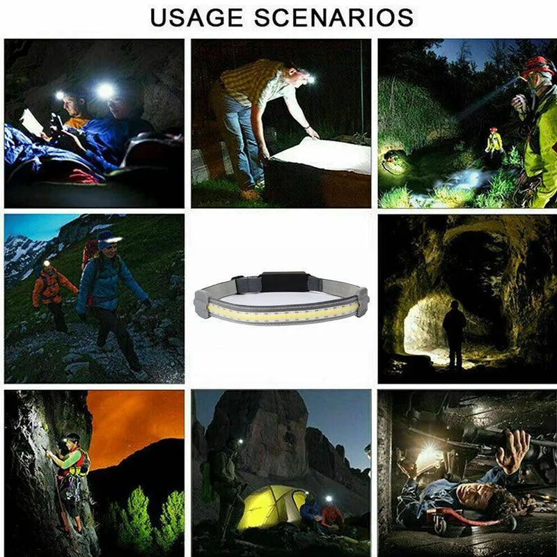 Cob Led Headlamp Headlight Torch Flashlight Work Light Bar Head Band Lamp Sensor