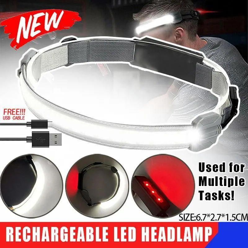Cob Led Headlamp Headlight Torch Flashlight Work Light Bar Head Band Lamp Sensor