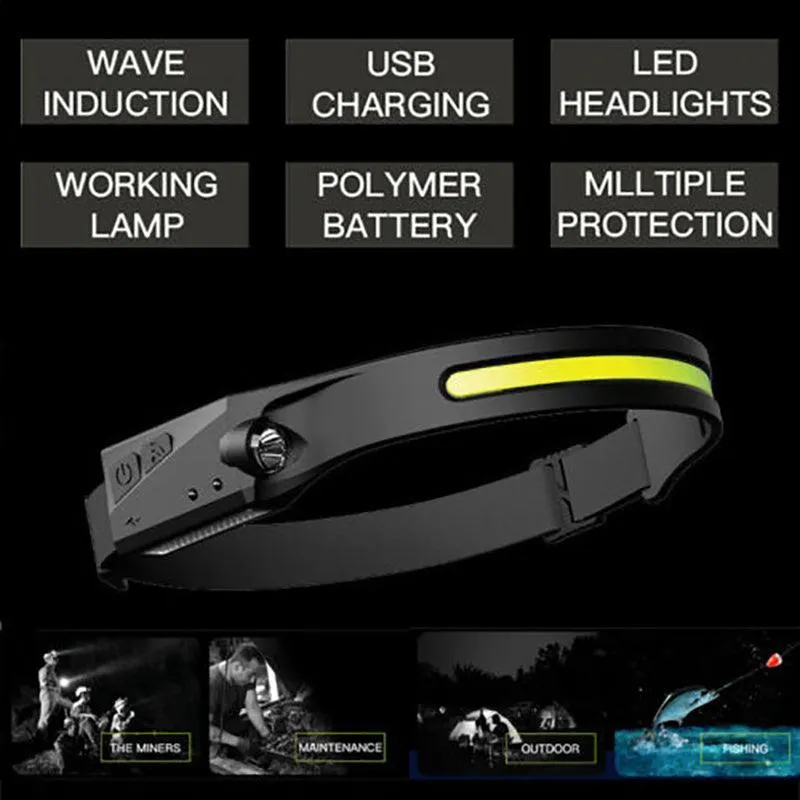 Cob Led Motion Sensor Head Torch Headlight Usb Headlamp Waterproof  Rechargeable