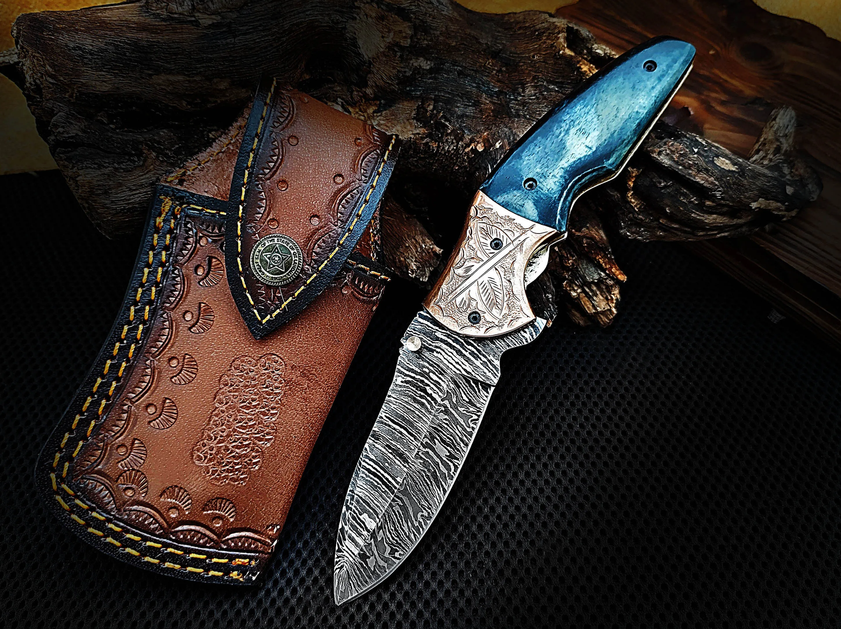 Custom Handcrafted Damascus Steel Folding Pocket Knife 8.0 inches Colored Camel Bone Handle and Engraved Copper Bolster with Leather Sheath Perfect Gift for All Occasions CLKFOL1101
