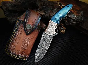 Custom Handcrafted Damascus Steel Folding Pocket Knife 8.0 inches Colored Camel Bone Handle and Engraved Copper Bolster with Leather Sheath Perfect Gift for All Occasions CLKFOL1101