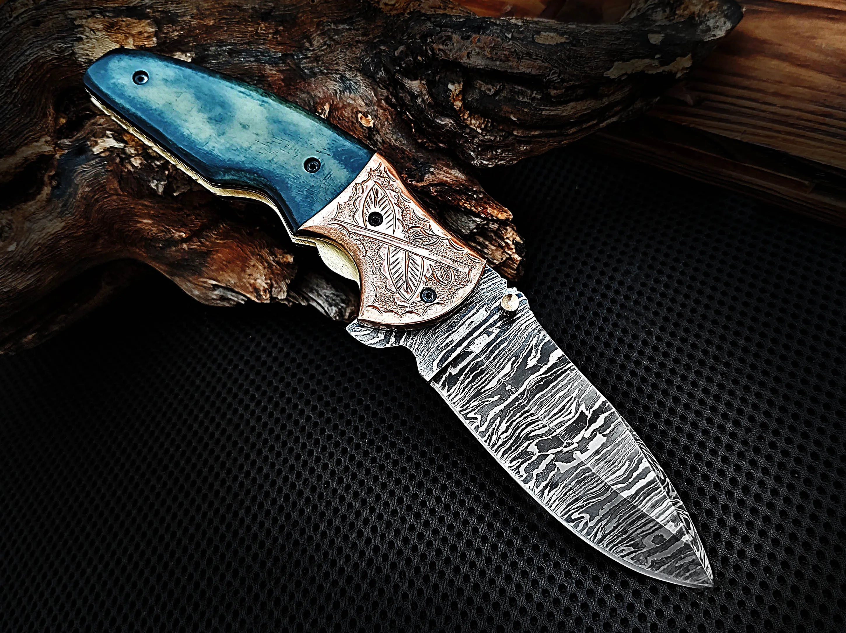 Custom Handcrafted Damascus Steel Folding Pocket Knife 8.0 inches Colored Camel Bone Handle and Engraved Copper Bolster with Leather Sheath Perfect Gift for All Occasions CLKFOL1101