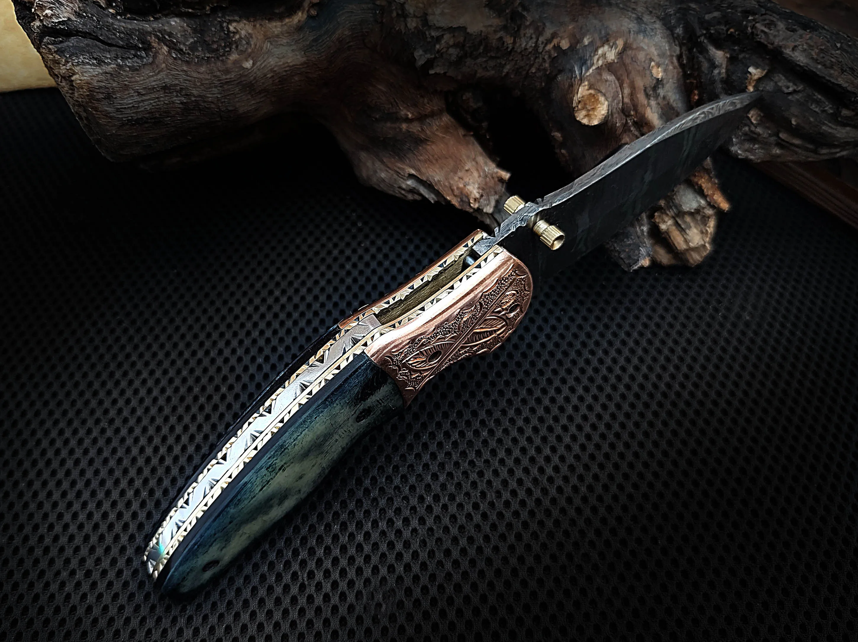 Custom Handcrafted Damascus Steel Folding Pocket Knife 8.0 inches Colored Camel Bone Handle and Engraved Copper Bolster with Leather Sheath Perfect Gift for All Occasions CLKFOL1101