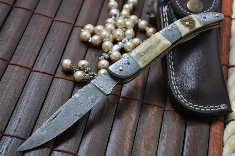 Custom Made Damascus & Stag Folding Knife - Toothpick Knife Work of Art By Chris