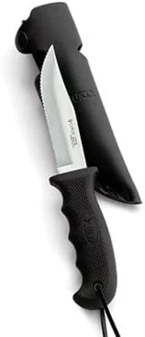 CUTCO Model 5719 Black Clip Point Knife with Double-D serrated edge blade .................. Leather sheath and lanyard included.
