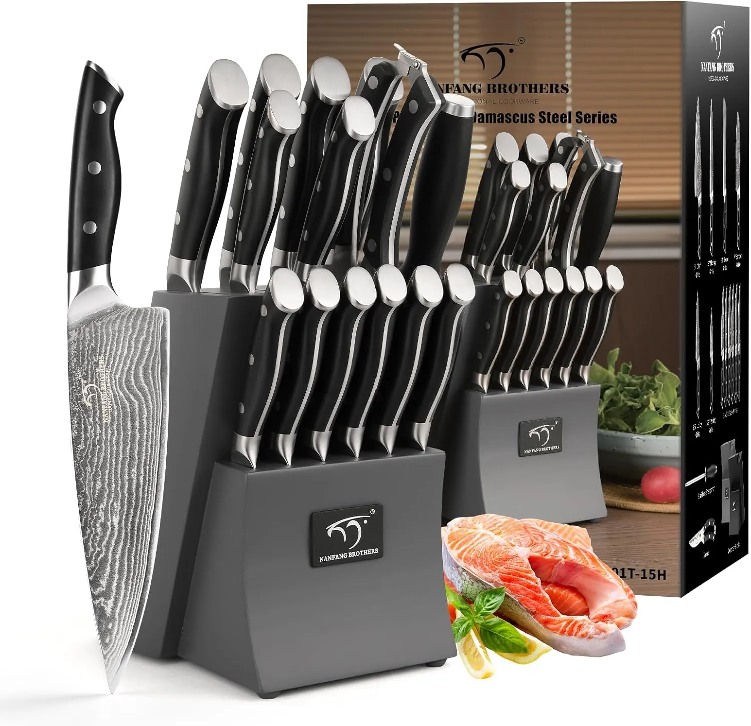 Damascus Kitchen Knife Set, 15-Piece Kitchen Knife Set with Block, ABS Ergonomic Handle for Chef Knife Set and Serrated Steak Knives Knife Sharpener and Kitchen Shears, 14 Slots Wooden Knife Block