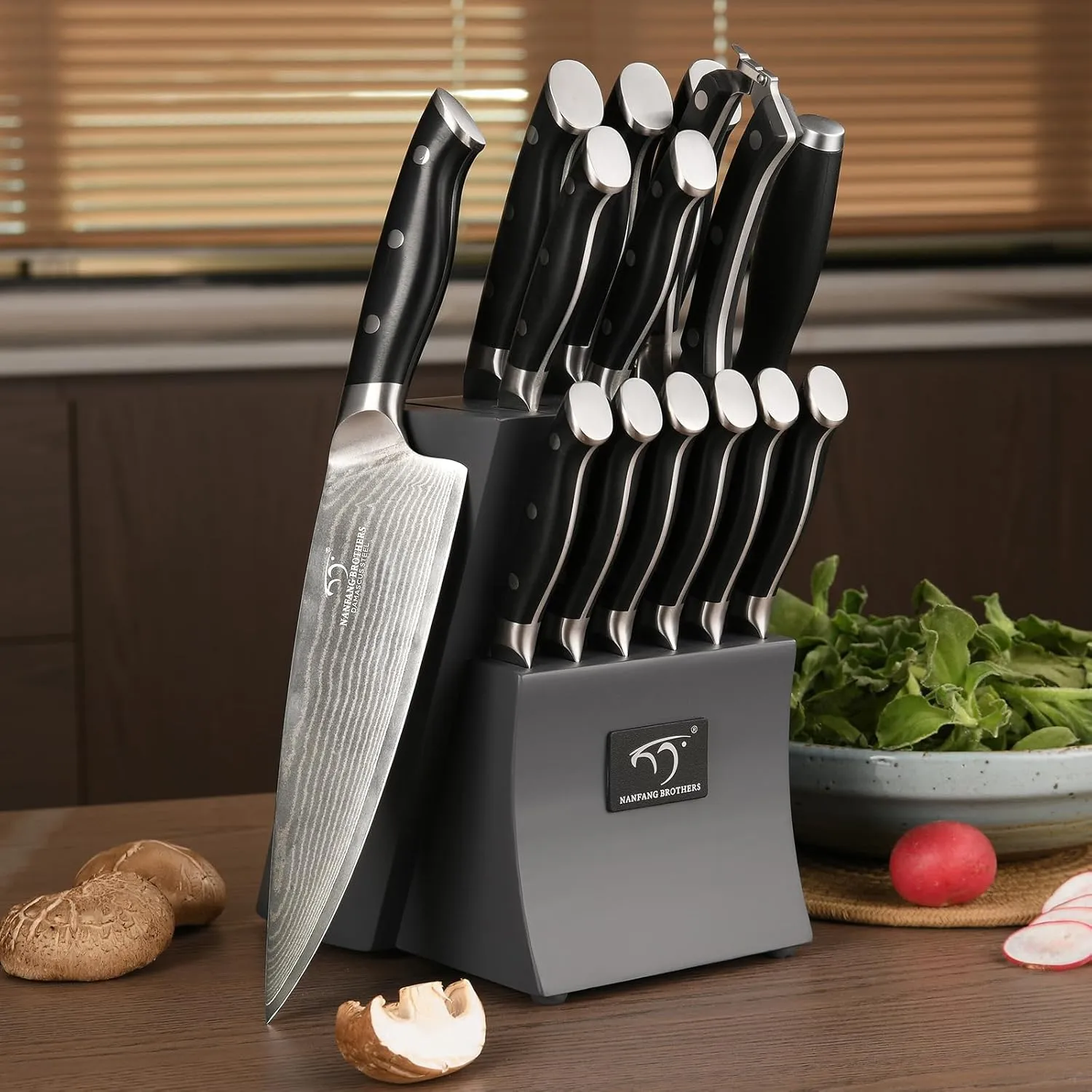 Damascus Kitchen Knife Set, 15-Piece Kitchen Knife Set with Block, ABS Ergonomic Handle for Chef Knife Set and Serrated Steak Knives Knife Sharpener and Kitchen Shears, 14 Slots Wooden Knife Block