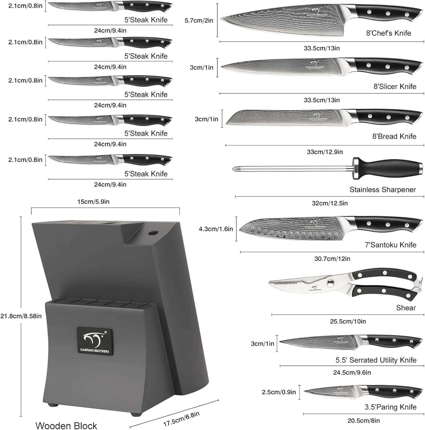 Damascus Kitchen Knife Set, 15-Piece Kitchen Knife Set with Block, ABS Ergonomic Handle for Chef Knife Set and Serrated Steak Knives Knife Sharpener and Kitchen Shears, 14 Slots Wooden Knife Block