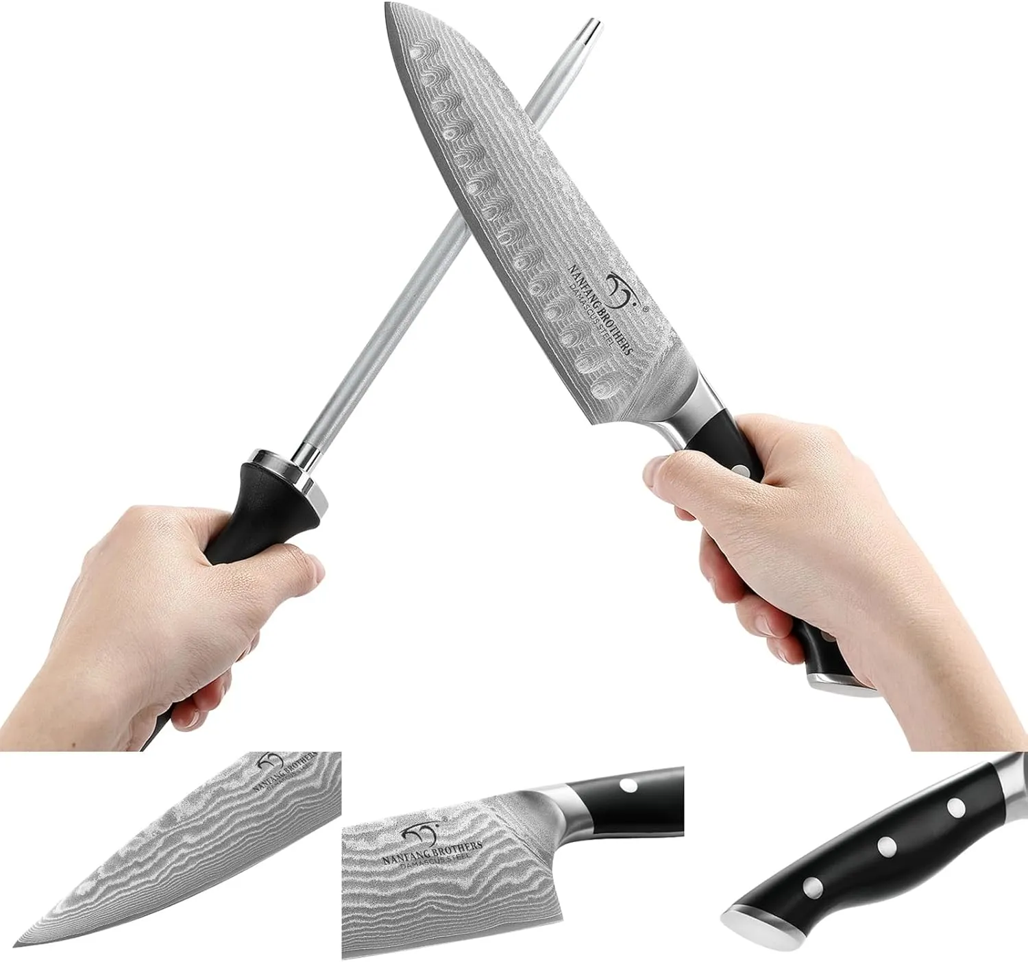 Damascus Kitchen Knife Set, 15-Piece Kitchen Knife Set with Block, ABS Ergonomic Handle for Chef Knife Set and Serrated Steak Knives Knife Sharpener and Kitchen Shears, 14 Slots Wooden Knife Block