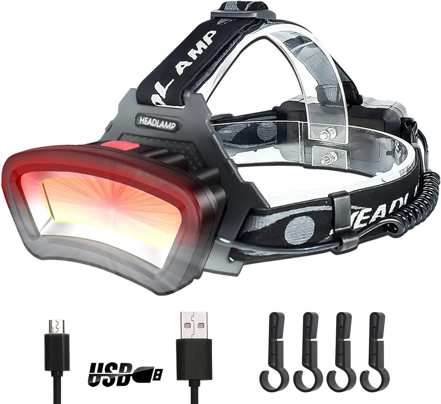 DARKBEAM Hard hat Headlamp COB LED Floodlight with Red Light USB Rechargeable 2000 Lumen - Car Maintenance and Night Construction - Included Rechargeable Battery Last for 6-10 Hours