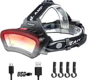DARKBEAM Hard hat Headlamp COB LED Floodlight with Red Light USB Rechargeable 2000 Lumen - Car Maintenance and Night Construction - Included Rechargeable Battery Last for 6-10 Hours