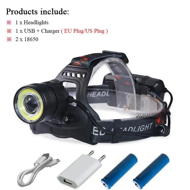 dual light source cob headlamp zoom head searchlight 2x18650battery xml t6 usb charge headlight flashlight waterproof headtorch