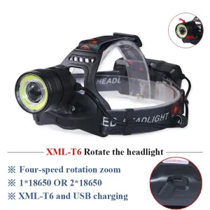 dual light source cob headlamp zoom head searchlight 2x18650battery xml t6 usb charge headlight flashlight waterproof headtorch