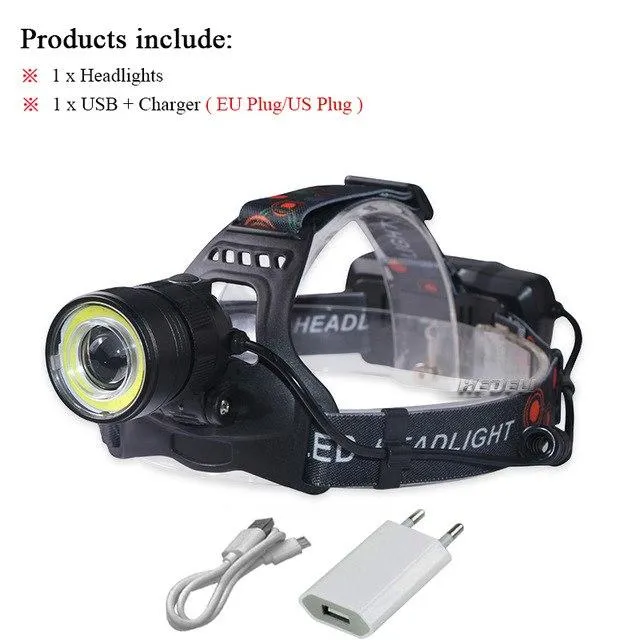 dual light source cob headlamp zoom head searchlight 2x18650battery xml t6 usb charge headlight flashlight waterproof headtorch