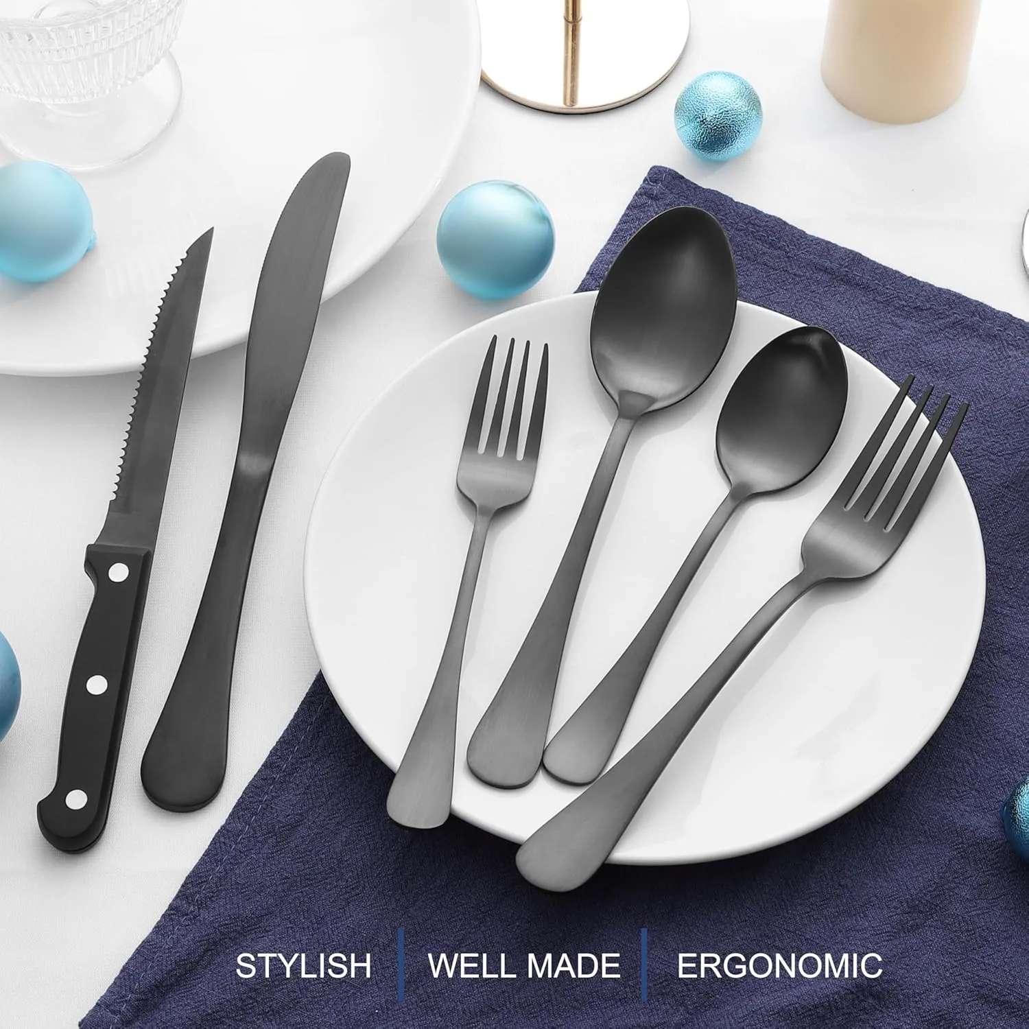 E-far 24-Piece Black Silverware Set with Steak Knives, Stainless Steel Flatware Cutlery Set for 4, Matte Black Metal Eating Utensils Sets Include Forks and Spoons Knife, Modern Design & Rust Proof