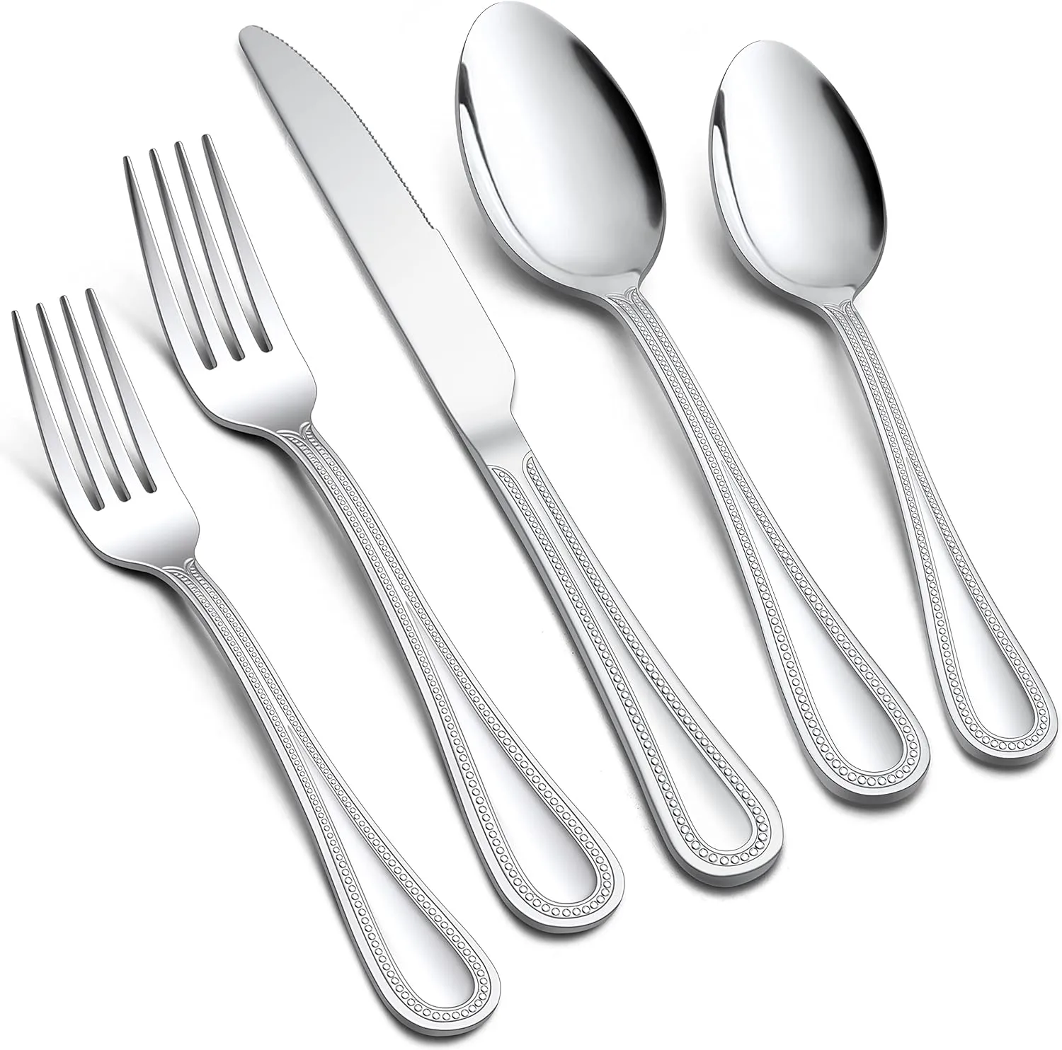 E-far 60-Piece Silverware Set for 12, Stainless Steel Flatware Cutlery Set with Pearled Edge, Include Forks Spoons and Knives, Modern Tableware Eating Utensils for Kitchen Restaurant, Dishwasher Safe