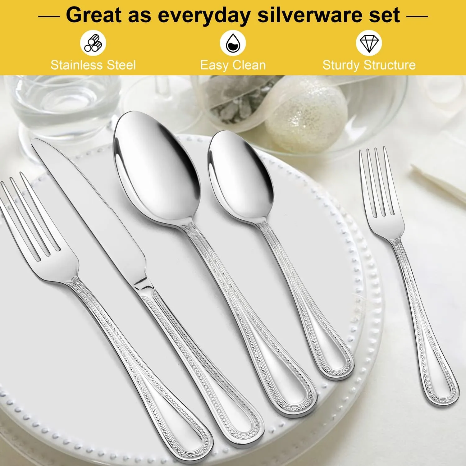 E-far 60-Piece Silverware Set for 12, Stainless Steel Flatware Cutlery Set with Pearled Edge, Include Forks Spoons and Knives, Modern Tableware Eating Utensils for Kitchen Restaurant, Dishwasher Safe