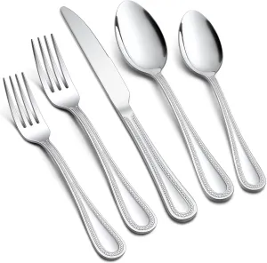 E-far 60-Piece Silverware Set for 12, Stainless Steel Flatware Cutlery Set with Pearled Edge, Include Forks Spoons and Knives, Modern Tableware Eating Utensils for Kitchen Restaurant, Dishwasher Safe
