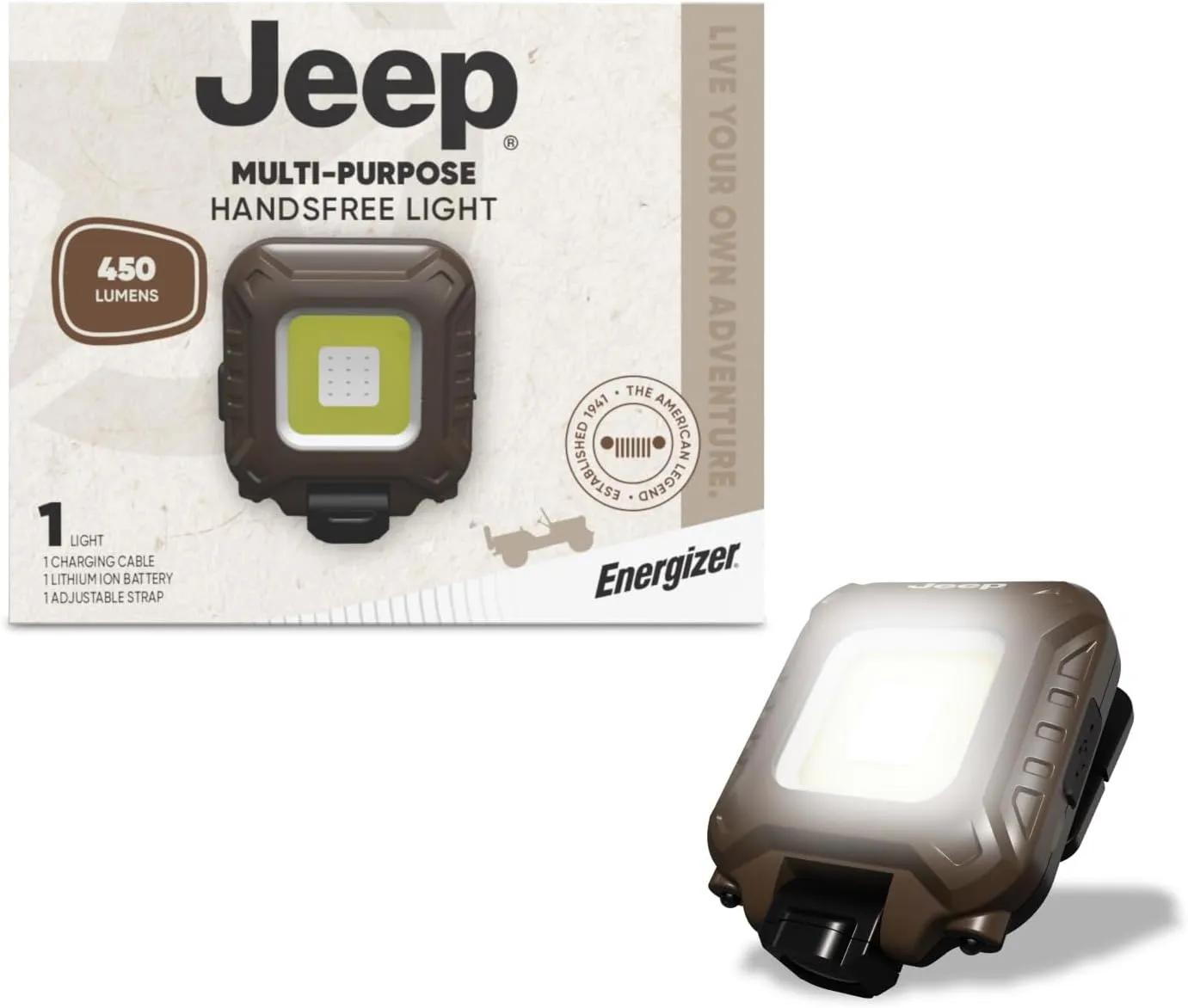 Energizer Jeep Multi-Purpose Hands-Free Rechargeable LED Light, 450 Lumens, Trail-Ready Clip-on Light, Headlamp, and Magnetic All in One