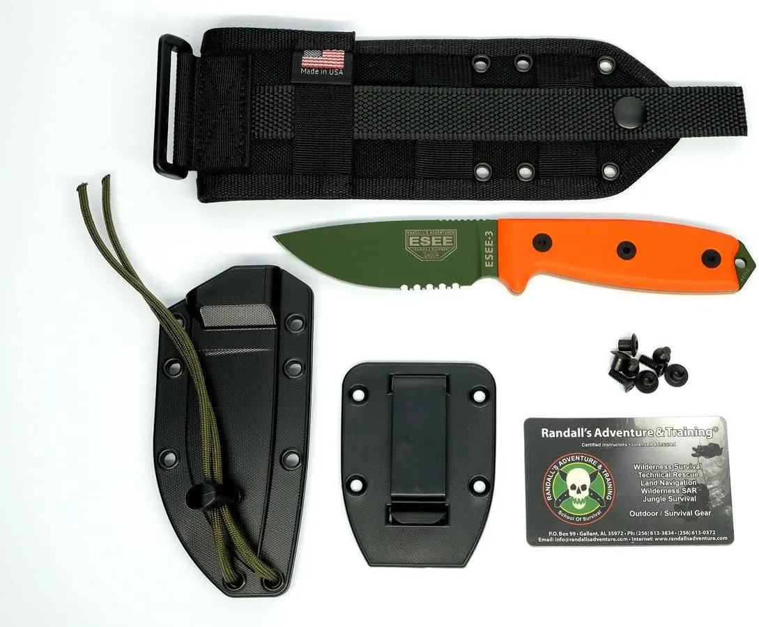 ESEE -3 Serrated Edge OD Blades with Orange G10 Handles and Black Molle Sheath