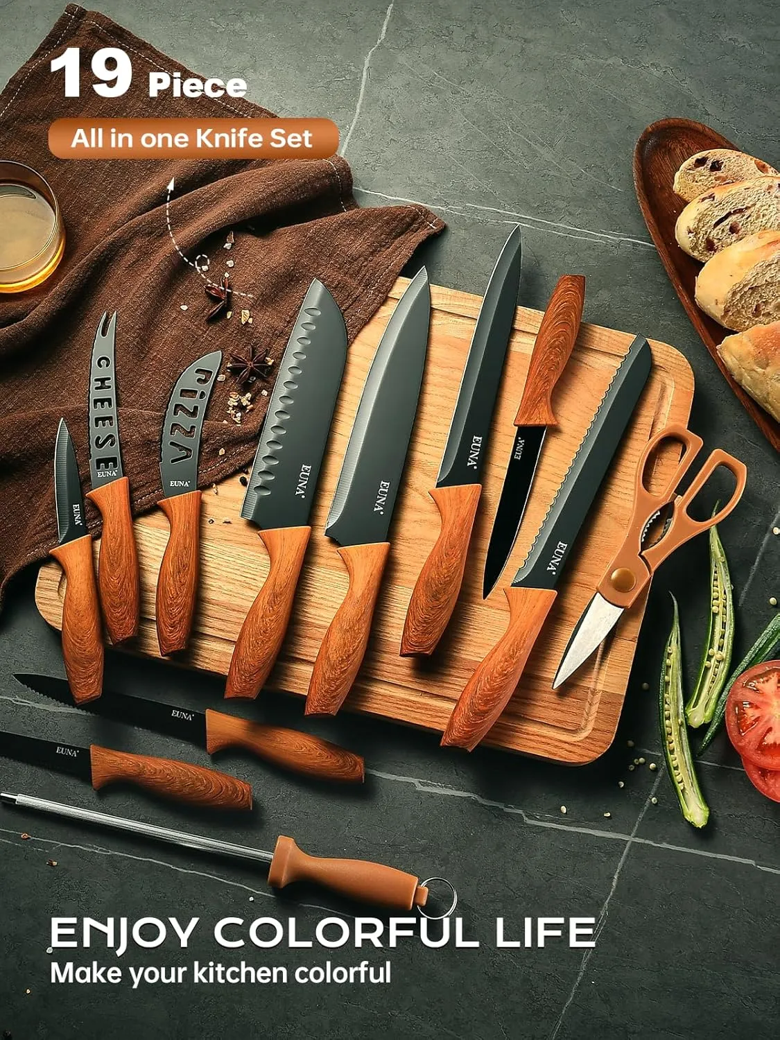 EUNA Knife Block Set, 19 PCS Kitchen Knife Set with Acrylic Block and Sharpener, German High-Carbon Stainless Steel Knife Sets with 6 Serrated Steak Knives, Bread Knife, Chef Knife, Dishwasher Safe