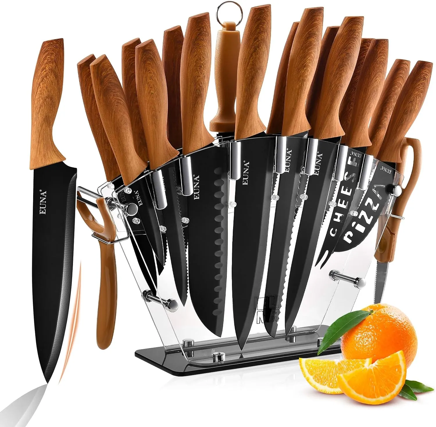 EUNA Knife Block Set, 19 PCS Kitchen Knife Set with Acrylic Block and Sharpener, German High-Carbon Stainless Steel Knife Sets with 6 Serrated Steak Knives, Bread Knife, Chef Knife, Dishwasher Safe