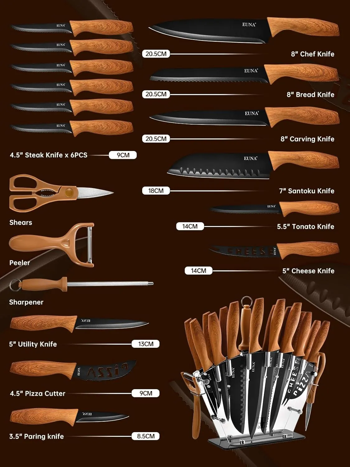 EUNA Knife Block Set, 19 PCS Kitchen Knife Set with Acrylic Block and Sharpener, German High-Carbon Stainless Steel Knife Sets with 6 Serrated Steak Knives, Bread Knife, Chef Knife, Dishwasher Safe