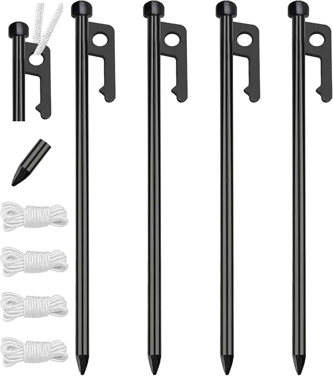 Eurmax USA 10 inch Multiuse Heavy Duty Steel Tent Stakes Tarp Pegs Camping Stakes for Outdoor Camping Canopy and tarp with 4 Ropes 10FT Length,4pcs(Black)