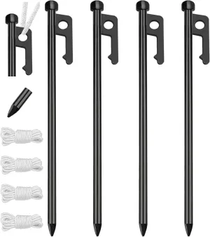 Eurmax USA 10 inch Multiuse Heavy Duty Steel Tent Stakes Tarp Pegs Camping Stakes for Outdoor Camping Canopy and tarp with 4 Ropes 10FT Length,4pcs(Black)