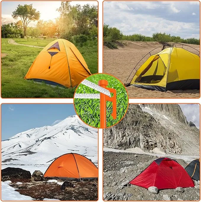 Eurmax USA 10 inch Multiuse Heavy Duty Steel Tent Stakes Tarp Pegs Camping Stakes for Outdoor Camping Canopy and tarp with 4 Ropes 10FT Length,4pcs(Orange)