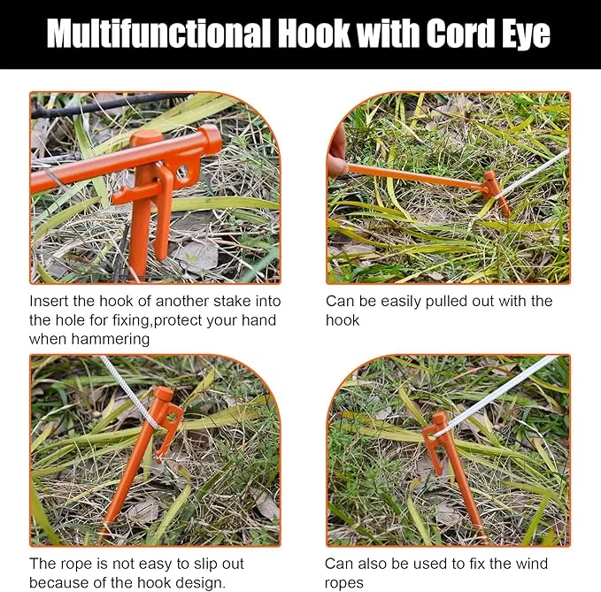 Eurmax USA 10 inch Multiuse Heavy Duty Steel Tent Stakes Tarp Pegs Camping Stakes for Outdoor Camping Canopy and tarp with 4 Ropes 10FT Length,4pcs(Orange)
