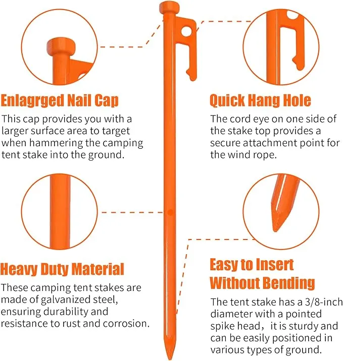 Eurmax USA 10 inch Multiuse Heavy Duty Steel Tent Stakes Tarp Pegs Camping Stakes for Outdoor Camping Canopy and tarp with 4 Ropes 10FT Length,4pcs(Orange)