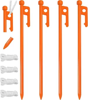 Eurmax USA 10 inch Multiuse Heavy Duty Steel Tent Stakes Tarp Pegs Camping Stakes for Outdoor Camping Canopy and tarp with 4 Ropes 10FT Length,4pcs(Orange)